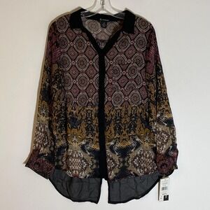 New Directions Shirt Womens Medium Wine Snake Print Sheer Button Front Blouse